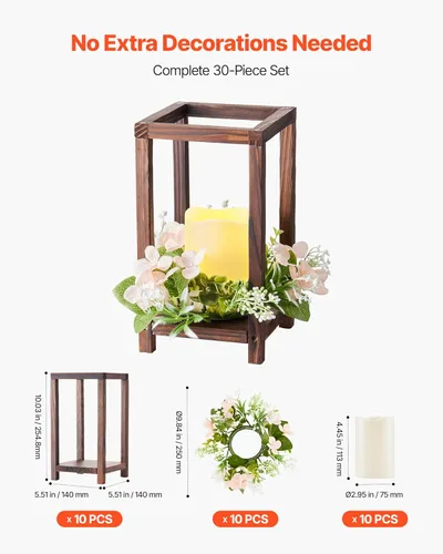 Vista 4 de VEVOR Juego de 10/30 centros de mesa de madera para bodas, incluye 10 faroles de madera, 10 velas LED sin llama, 10 coronas de flores de champán