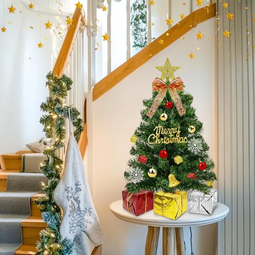 Vista 5 de Timer - 24 Inch/2 FT Blue Tabletop Christmas Tree with Lights 8 Modes Mini árbol de Navidad pequeño, 20 luces blancas cálidas, 20 cajas de Azul
