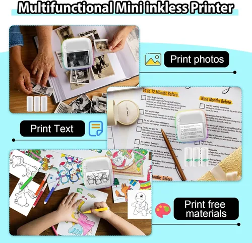 Vista 6 de HuiJuKeJi Mini impresora adhesiva con bolsillo de luz RGB impresora térmica sin tinta para iOS y Android, 9 rollos de papel térmico y 5 bolígrafos
