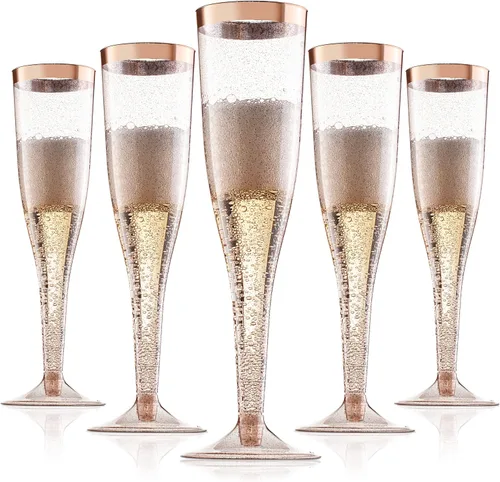 Vista 10 de 36 copas de champán de plástico, vasos de plástico de 6.5 onzas, borde dorado y purpurina dorada, decoración de brunch, flautas de plástico