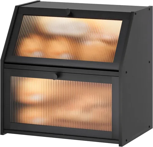 Caja de pan extra grande negra para mostrador de cocina, caja de pan de bambú de doble capa grande, capacidad de almacenamiento de pan de madera