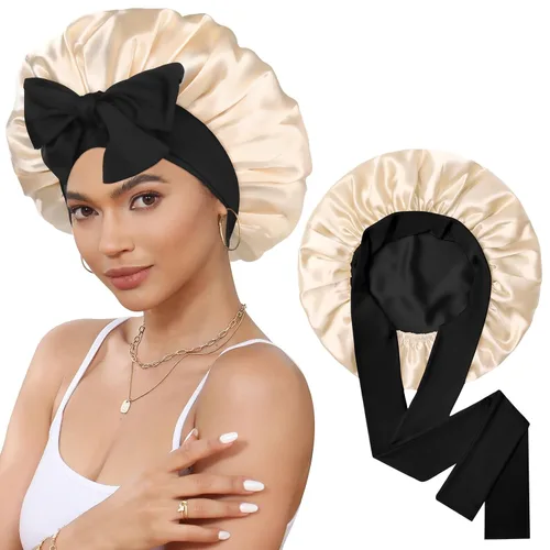 Vista 9 de Gorro de satén de seda para dormir, gorro de seda de doble capa con banda elástica para cabello rizado