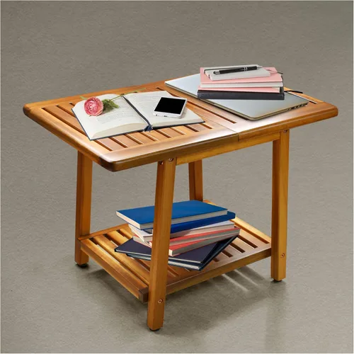 Vista 8 de ENKEZI Acacia - Mesa auxiliar para exteriores de 24 pulgadas, patio resistente de 2 niveles, mesa auxiliar resistente a la intemperie, mesa auxiliar