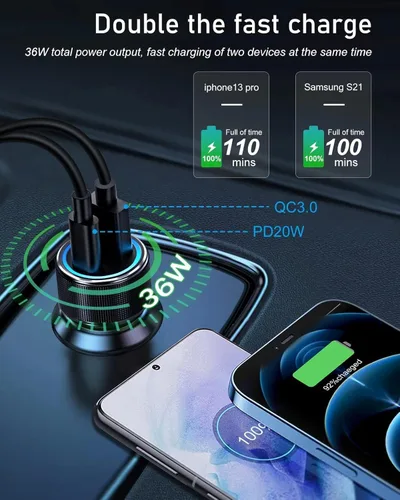 Vista 3 de Cargador de coche USB C, paquete de 2, adaptador de encendedor de cigarrillos de 38 W, 12 V, salida USB, PD/QC, carga rápida, enchufe para iPhone 16