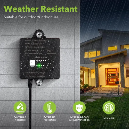 Vista 4 de Transformador de bajo voltaje de 60 W con temporizador y sensor de fotocélula, 120 V CA a 12 V CC, IP65 impermeable, suministro para luz LED