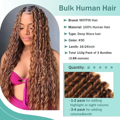 Vista 83 de Cabello Humano para Trenzar para Trenzas Boho 3 Paquetes/Pack 110g (3.88 oz) 14 Pulgadas Cabello Humano a Granel Ondulado Profundo para Trenzar