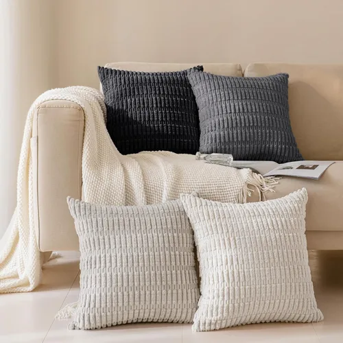 Vista 23 de Softalker Juego de 4 fundas de almohada de pana suave a rayas bohemias de 16 x 16 pulgadas, fundas decorativas modernas para sofá, dormitorio, sala