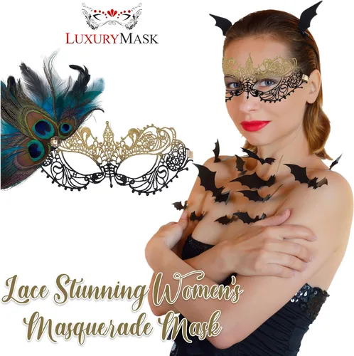 Vista 3 de Lace Masquerade Mask for Women - Venetian Party, Prom, Mardi Gras, Halloween