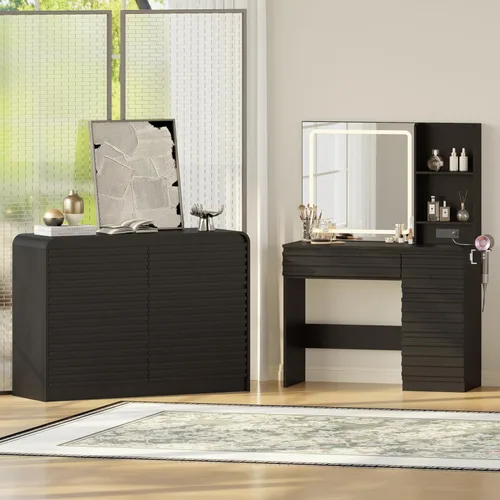 Vista 8 de Escritorio de maquillaje con luces, tocador estriado con 4 cajones, estantes abiertos, toma de corriente, espejo iluminado LED, 3 modos de Negro