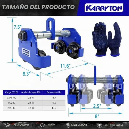 Vista 3 de Carro de viga de 1 tonelada/2200 libras de ancho de brida ajustable de 2.5 a 8 pulgadas, carro de empuje manual resistente con rodillos de doble