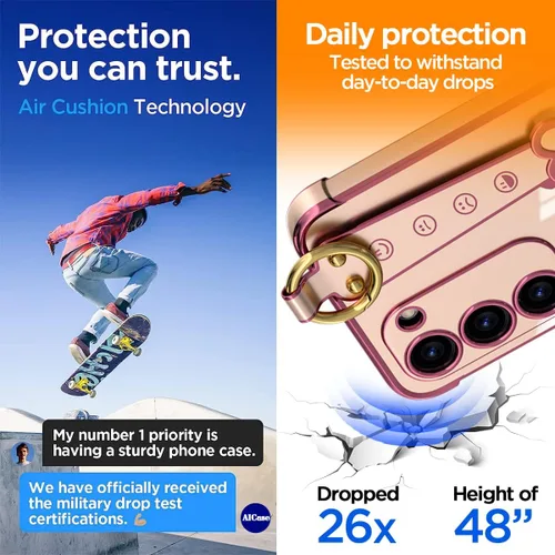 Vista 3 de AICase Funda para Samsung Galaxy S23 con protección completa de lente de cámara + correa, cara sonriente chapada con purpurina brillante