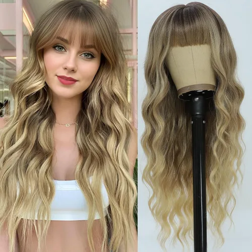 Peluca rubia con flequillo para mujer, pelucas largas onduladas rubias ombré con raíz oscura, peluca sintética rizada de aspecto natural, pelucas