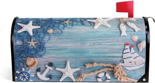 WOOR Red de pesca con estrellas de mar y decoraciones de mar, cubierta magnética para buzón, envolturas de verano, jardín, patio, decoración del