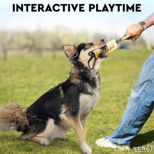 Vista 6 de Juguete para tirar y morder para perros de 12 x 3.2 pulgadas, juguete duradero con 2 asas suaves y fuertes, almohada resistente de yute para perros