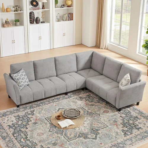 Vista 3 de Sofá modular convertible de 102 pulgadas en forma de L con cojines de respaldo, tela tapizada moderna de 6 asientos reversible, juego de sofá