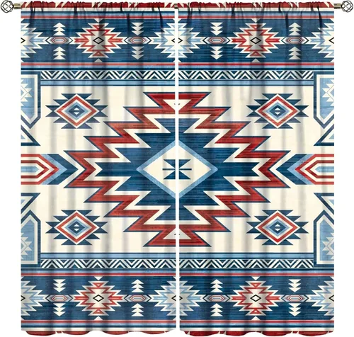 Vista 224 de Cortinas con patrón geométrico tribal, estilo suroeste, azteca, rústico, occidental, nativo americano, opacas, con bolsillo para barra, decoración