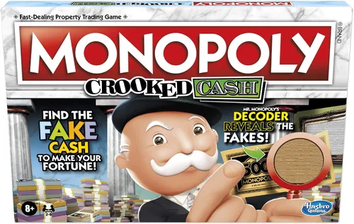 Monopoly Juego de mesa de efectivo torcido para familias y niños de 8 años en adelante, incluye Mr Decoder to Find Fakes, juego para 2-6 jugadores
