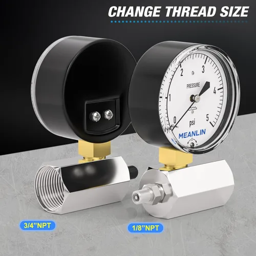 Vista 4 de Manómetro MEANLIN MEASURE 0-5 Psi tipo cápsula de diafragma de baja presión con conexión de válvula FNPT de 3/4", manómetro de presión de aire