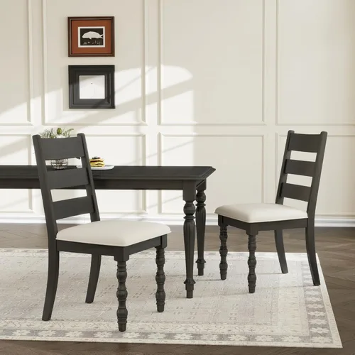 Juego de 2 sillas de comedor estilo granja, silla de cocina con marco de madera maciza con patas romanas, moderna silla tapizada de tela de lino sin