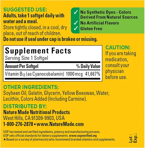 Vista 2 de Nature Made Vitamina B12 1000 mcg, Suplemento dietético para el metabolismo energético - 90 cápsulas blandas