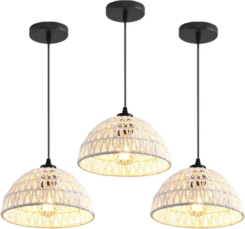 3 Pack Woven Pendant Light Fixtures,10.2" White Rattan Pendant Lights Farmhouse Basket Light Fixture Adjustable Boho Hanging Lamp for Kitchen Island