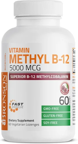 Vista 3 de Bronson Metil B12 5000 mcg Vitamina B12 Metilcobalamina Energía y Apoyo Cerebral 60 Pastillas