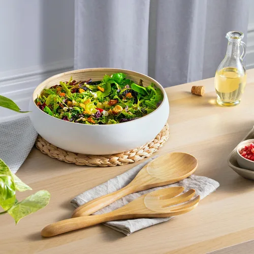 Vista 5 de Dehaus Servidores de ensalada de bambú extra grandes de 12 pulgadas - Cucharas de madera para servir ensaladas - Utensilios ecológicos - Manos