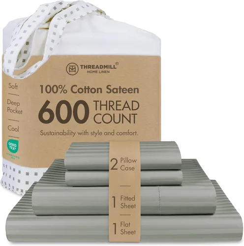 Vista 15 de Threadmill Sábanas de tamaño individual, 100 % algodón, 600 hilos, 3 piezas, diseño de damasco, rayas, gris oscuro, sábanas de algodón peinado