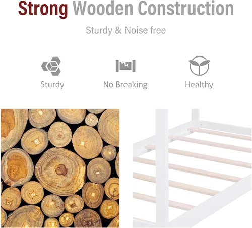 Vista 19 de Merax Cama de casa de madera, cama de piso con listones de madera, no necesita somier, tamaño individual, gris