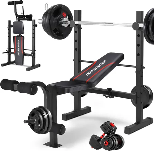 OPPSDECOR Standard Weight Bench Set with Squat Rack, 600LBS Adjustable Bench Press Set with Leg Extension and Leg Curl, Foldable Flat Incline