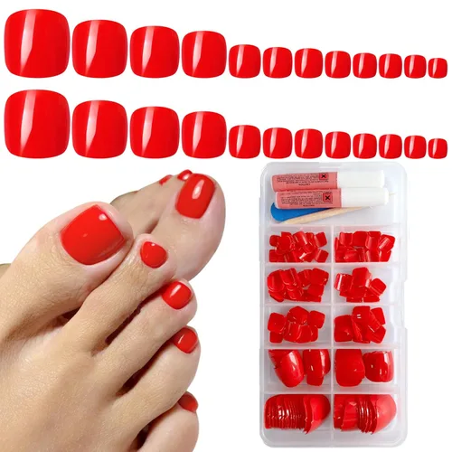 AddFavor 240 uñas postizas a presión para mujeres, uñas postizas a presión, color rojo intenso, uñas brillantes a presión, cobertura completa,
