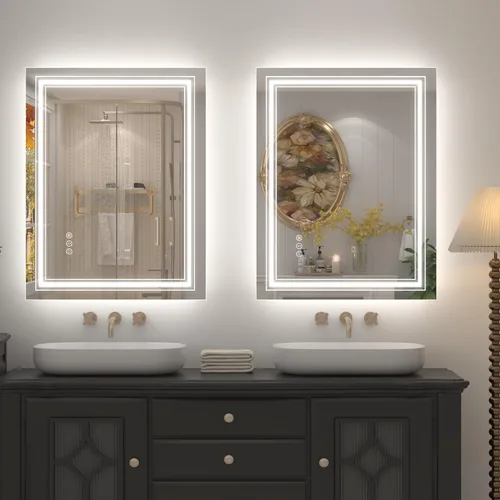 Vista 7 de Espejo de baño LED de 20x28 pulgadas, espejo de tocador con luces, espejo retroiluminado y con luz frontal para la pared, regulable, antivaho, a