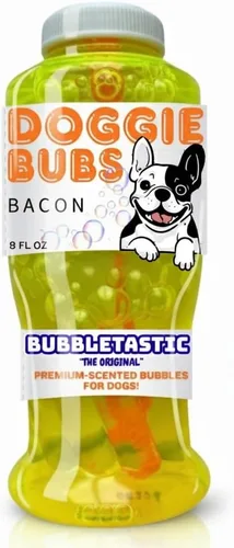 Bubbletastic Bubbles for Dogs - 8oz Bottle of Bacon Bubble Solution - 100% Non Toxic, Tear Free, USA