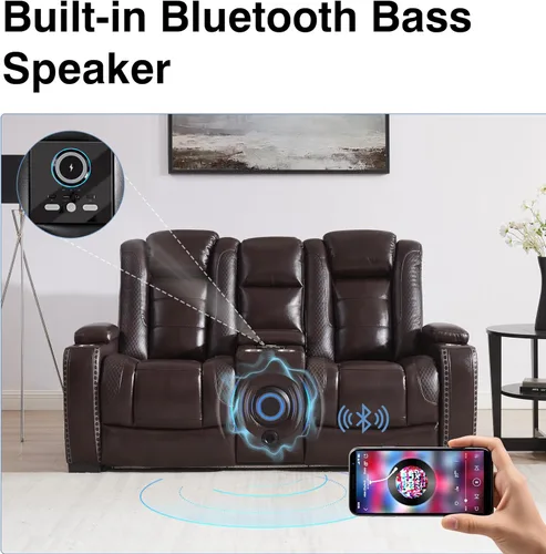 Vista 4 de THSUPER Juego de sofás reclinables eléctricos de cuero marrón tipo loveseat con almacenamiento en brazos y reposacabezas eléctrico, juego de sofá