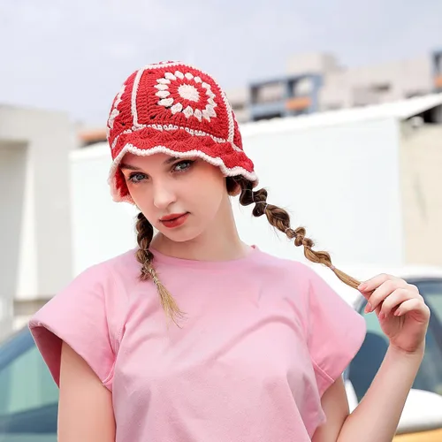 Vista 4 de JiaTL WeyJia Sombrero de pescador de ganchillo para mujer, tejido hecho a mano, plegable, flexible, a la moda, lindo, cómodo e informal