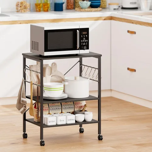 Vista 2 de Giantex Kitchen Bakers Rack - Carrito de 3 niveles para microondas con ruedas, carrito de barra industrial con 10 ganchos, marco de metal, estantes