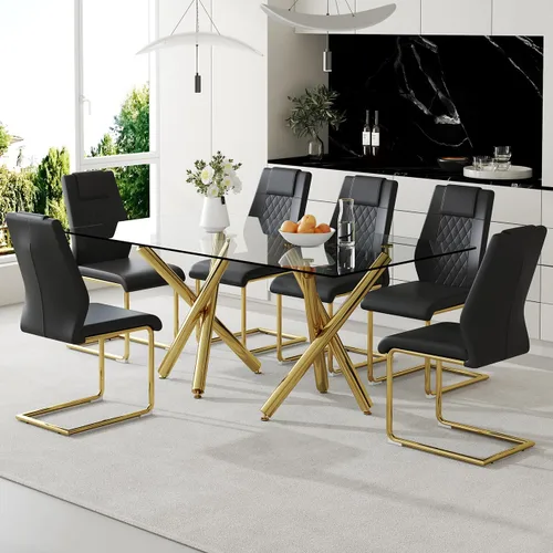 Vista 2 de Ebullient Moderno juego de mesa de comedor para 6, mesa de comedor de cristal de 71 pulgadas y patas de mesa de metal dorado, mesas de comedor