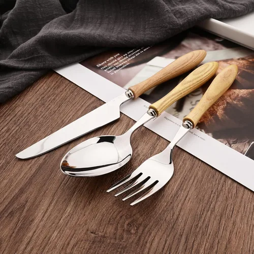 Vista 4 de Juego de cubiertos con mango de madera, 24 piezas (4 juegos), juego de cubiertos con cuchillos para carne, vajilla de acero inoxidable 304, Amarillo