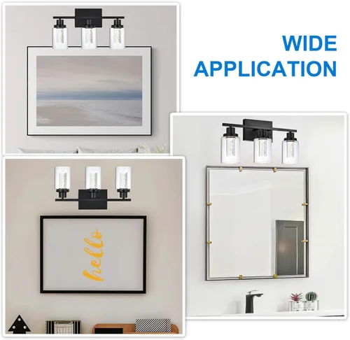 Vista 7 de MELUCEE Lámparas de tocador de baño, 3 luces LED sobre espejo, 3000 K-6000 K, moderna luz negra para baño con pantalla de cristal de burbujas, chips