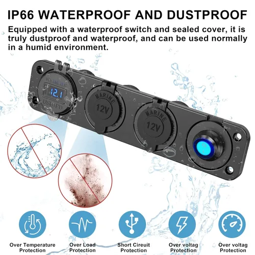 Vista 5 de (4 en 1) Panel de enchufe de encendedor de cigarrillos USB de 12 V: 78 W 3 puertos USB C 12 V Salida Dual PD 30W y QC 18W Puerto con voltímetro