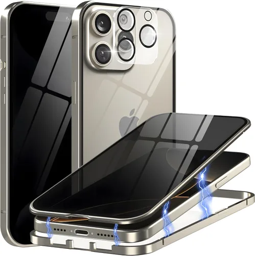 Vista 18 de Funda de privacidad de metal de titanio para iPhone 16, protector de pantalla de privacidad integrado y protector de lente de cámara, adsorción