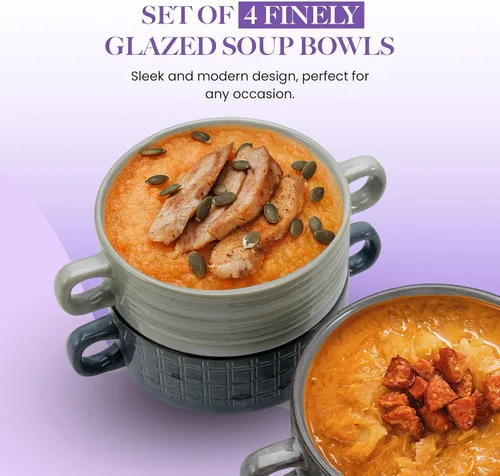 Vista 4 de American Atelier Juego de 4 cuencos de sopa de cebolla francesa de 16 onzas con asas, cuencos de cerámica esmaltada para sopa, chile, pasta