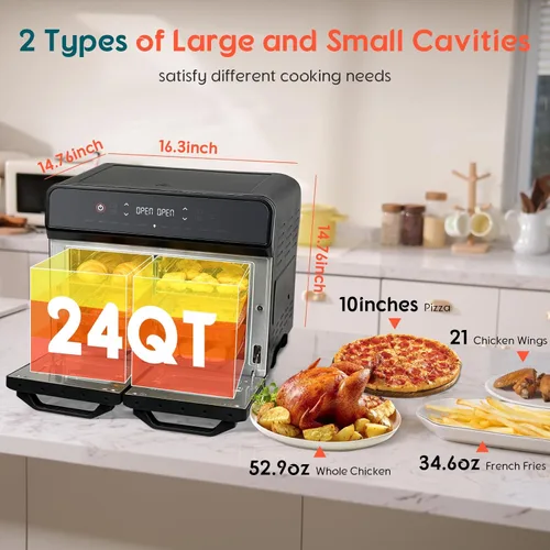 Vista 4 de Freidora de aire de 24 cuartos con zona dual y asador, horno mini extra grande de doble freidora de aire digital de 1800W, 10 en 1, freidora de aire