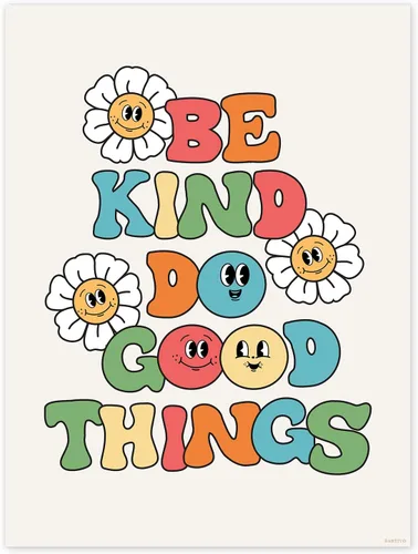 Póster retro para pared, póster de Be Kind, arte de pared con cita positiva, decoración de pared colorida, bonita decoración de habitación, Arco iris