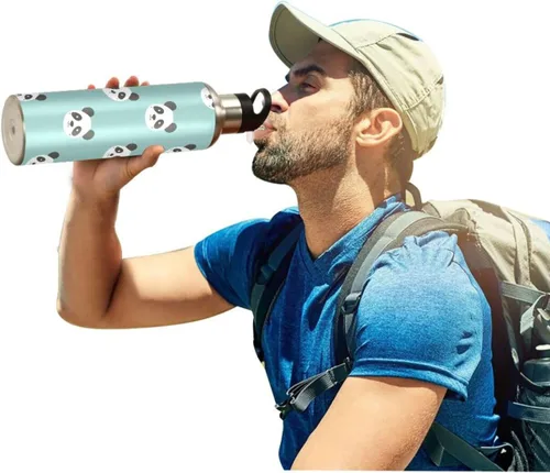 Vista 7 de One Bear - Botella de agua con diseño de panda de dibujos animados, color verde azulado, aislada al vacío, de acero inoxidable, a prueba de fugas