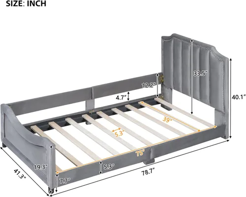 Vista 20 de Harper & Bright Designs Marco tapizado de sofá cama individual para niños, cama de plataforma de terciopelo individual con cabecera clásica