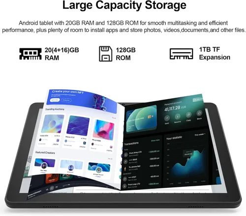 Vista 4 de Tableta de 10.1 Pulgadas Android 15.0, RAM 20GB (4+16Expand)+ROM 128GB, Batería de 6000mAh, Cámara Dual 2+8MP, Pantalla IPS HD Touch de 1280*800