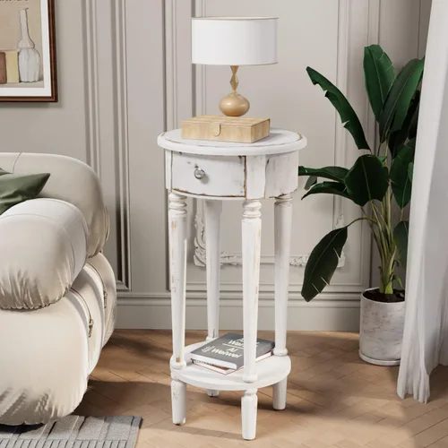Vista 13 de COSIEST Mesa auxiliar redonda, mesa auxiliar de cristal con marco de madera, mesita de noche dorada champán con estilo moderno para sala de estar