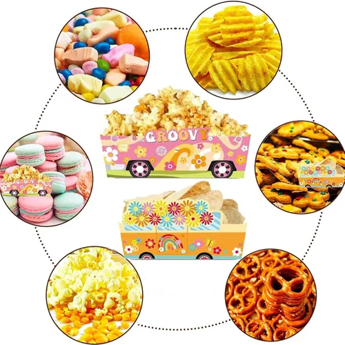 Vista 5 de Zliisang 24 unidades de suministros de fiesta de los años 70, bandejas de comida de papel Groovy, bandeja desechable para servir nachos, botes