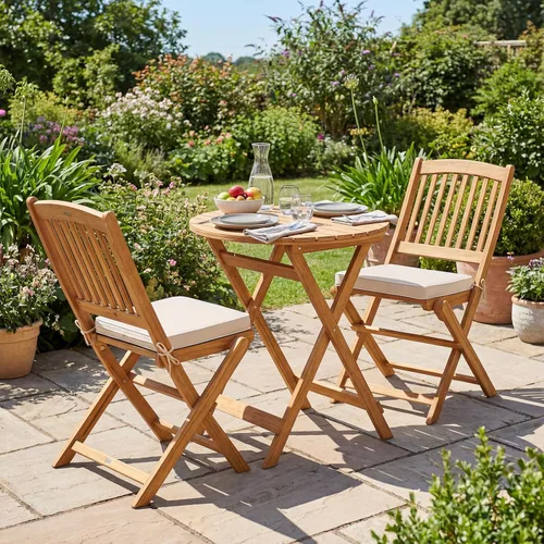 Vista 8 de Giantex Juego de 3 piezas de mesa plegable de madera, 2 sillas acolchadas para jardín, muebles de exterior mesa redonda (natural y beige)